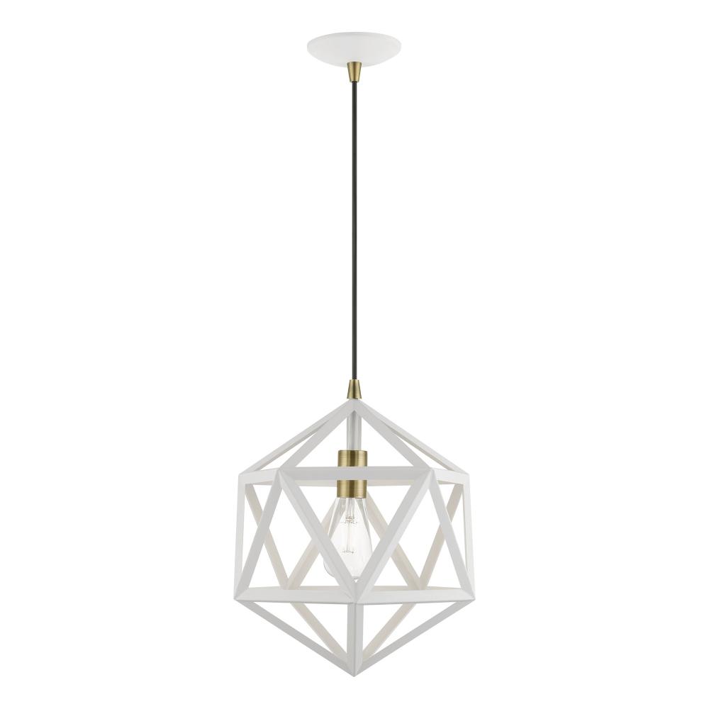 1 Light Textured White with Antique Brass Accents Pendant