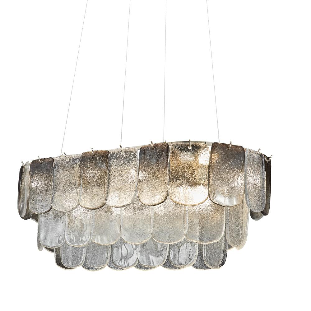 Bianca 12 Light Island Light, Polished Nickel, Crystalline Smoke with Piastra Type Glassware