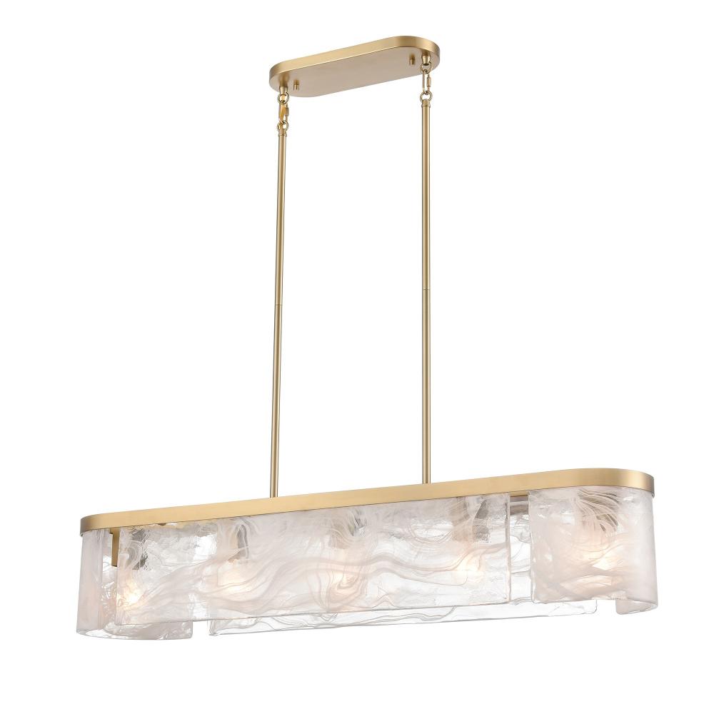 Skye 6 Light Island Light, Brass with Wispy White Murano Style Glass