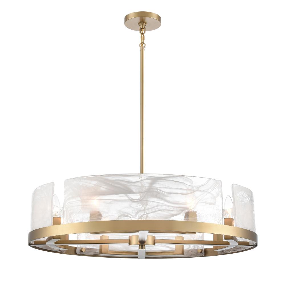 Skye 8 Light Chandelier, Brass with Wispy White Murano Style Glass