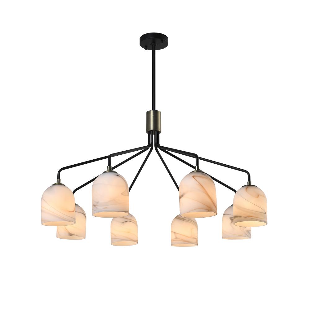 Crema 8 Light Chandelier 34.25", Black, Brushed Brass with Alabaster style glass