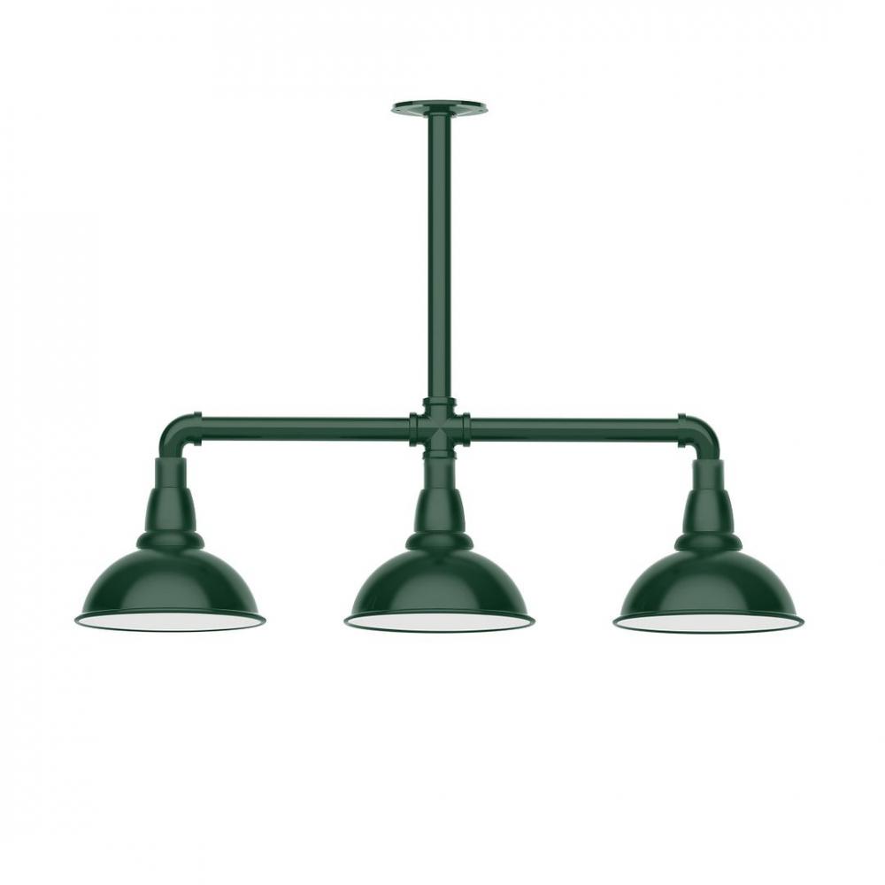 8" Cafe shade, 3-light LED Stem Hung Pendant with wire grill, Forest Green