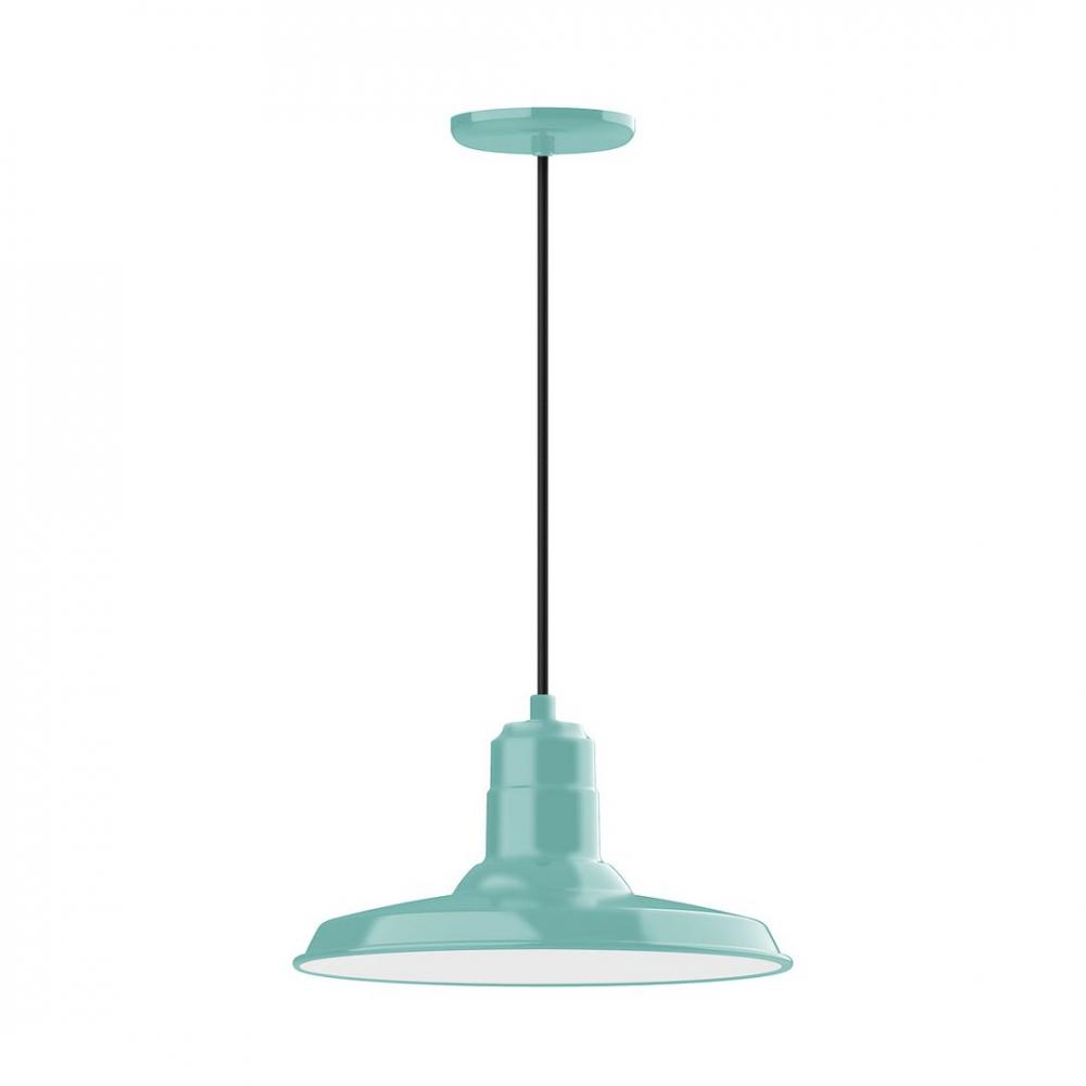 14" Warehouse shade, LED Pendant with white and gray dot fabric cord and canopy, Sea Green