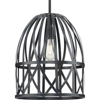 Chastain Collection One-Light Textured Black Cerused Black Oak Basket Farmhouse Pendant Light