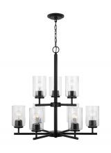 Generation-Seagull 31172-112 - Oslo indoor dimmable 9-light chandelier in a midnight black finish with a clear seeded glass shade