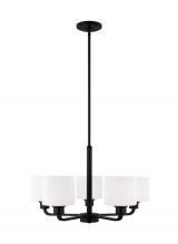 Generation-Seagull 3128805EN3-112 - Canfield indoor dimmable LED 5-light chandelier in midnight black finish and etched white glass shad