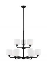 Generation-Seagull 3128809EN3-112 - Canfield indoor dimmable LED 9-light chandelier in midnight black finish and etched white glass shad