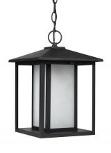 Generation-Seagull 69029-12 - Hunnington contemporary 1-light outdoor exterior pendant in black finish with etched seeded glass pa