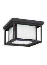 Generation-Seagull 79039-12 - Hunnington contemporary 2-light outdoor exterior ceiling flush mount in black finish with etched see