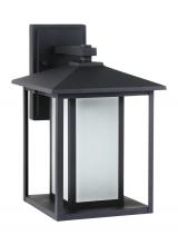 Generation-Seagull 89031-12 - Hunnington contemporary 1-light outdoor exterior medium wall lantern in black finish with etched see