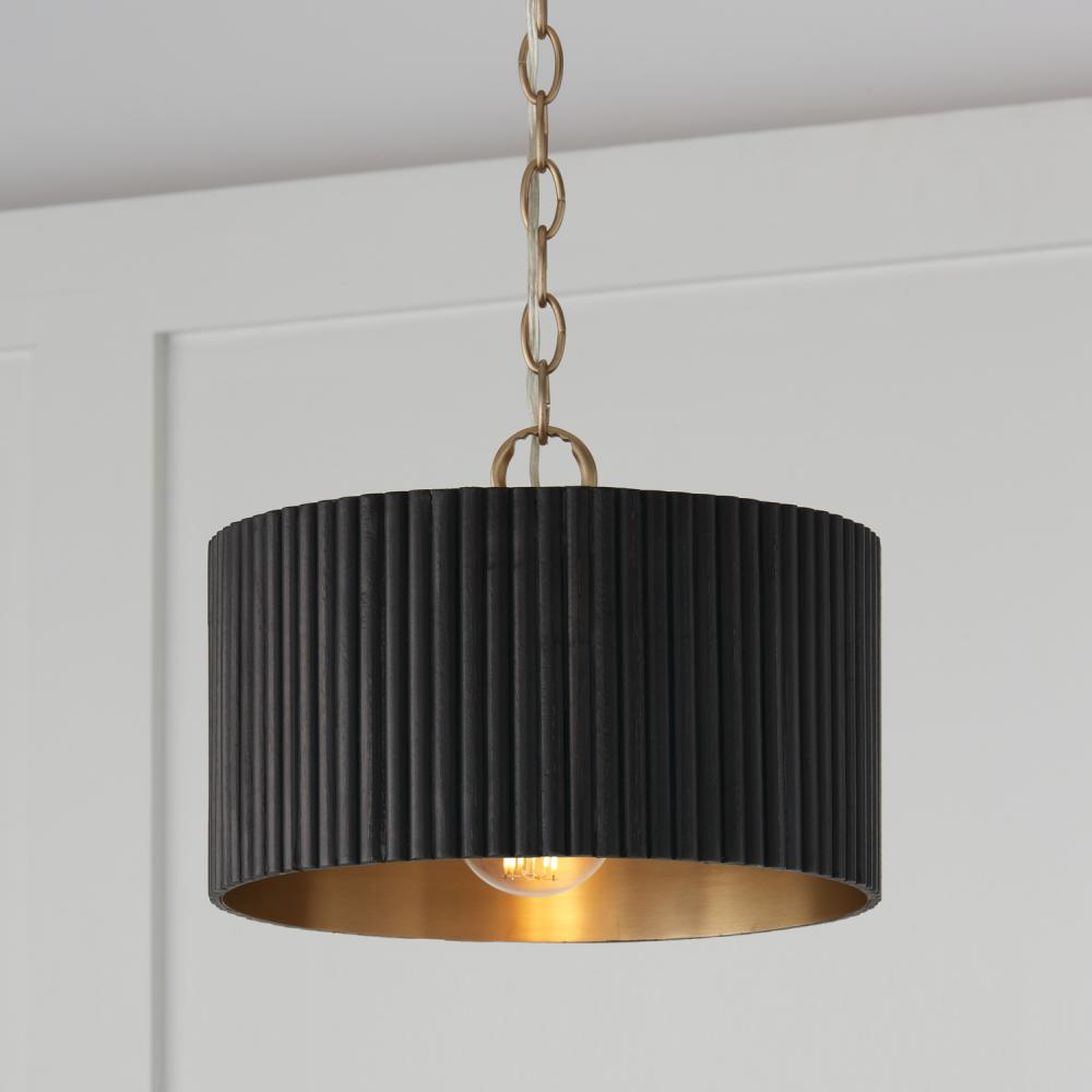 1-Light Semi-Flush Pendant in Matte Brass and Handcrafted Mango Wood in Black Stain