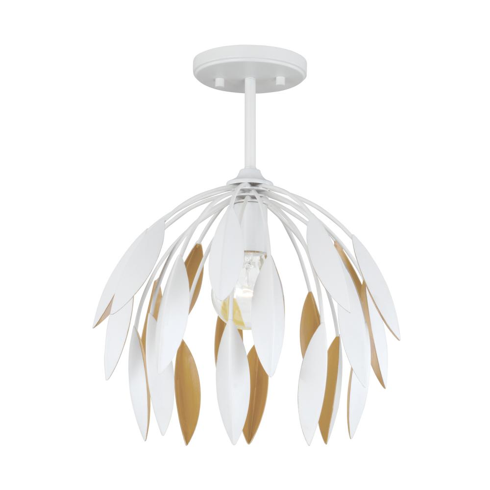 1-Light Botanical Semi-Flush Pendant in Matte White and Buffed Gold