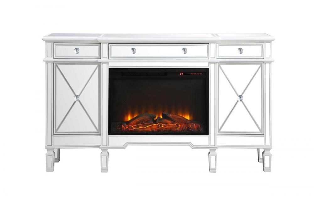 Contempo 60 in. mirrored credenza with wood fireplace in antique white