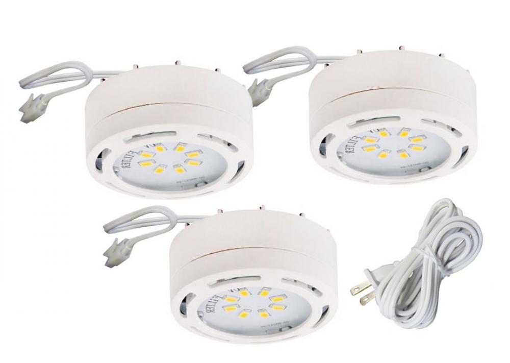 3-Light White LED Puck Kit: 3 x 8 LED, 3000K, 960 Lumens, 12W, Linkable, includes cords & hardware,