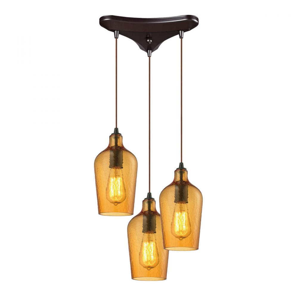 Hammered Glass 3-Light Triangular Pendant Fixture in Oiled Bronze with Hammered Amber Glass