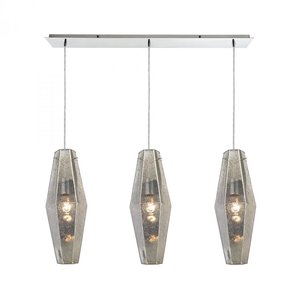 Pelham 3-Light Linear Pendant Fixture in Polished Chrome with Mercury Glass